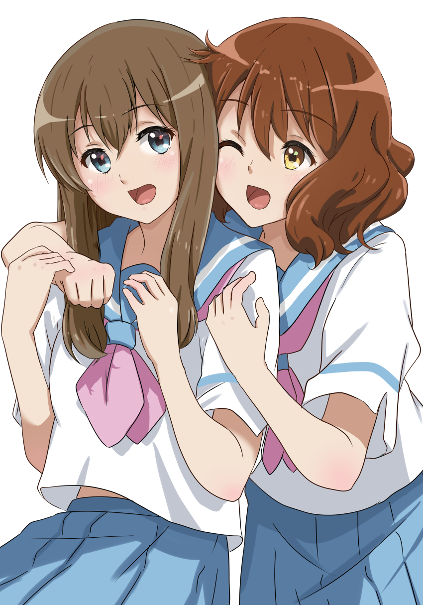 2girls absurdres arm_around_neck becky_oekaki blue_eyes blue_sailor_collar blue_skirt brown_hair clenched_hand commentary_request cowboy_shot double-parted_bangs eyelashes fluffy_hair hair_over_shoulder hands_up hibike!_euphonium highres hug_from_side kitauji_high_school_uniform kuroe_mayu light_blush long_hair long_sidelocks looking_at_another looking_at_viewer medium_hair multiple_girls neckerchief one_eye_closed open_mouth oumae_kumiko pink_neckerchief pleated_skirt sailor_collar school_uniform shirt short_sleeves sidelocks simple_background skirt smile standing straight_hair tongue wavy_hair white_background white_shirt wispy_bangs yellow_eyes