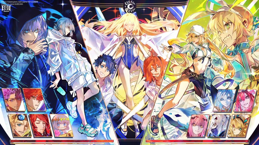 6+boys 6+girls ahoge animal_ear_hairband animal_ears artoria_caster_(fate) artoria_caster_(swimsuit)_(fate) artoria_caster_(swimsuit)_(first_ascension)_(fate) artoria_caster_(swimsuit)_(second_ascension)_(fate) artoria_caster_(swimsuit)_(third_ascension)_(fate) artoria_caster_(swimsuit_berserker)_(fate) artoria_caster_(swimsuit_berserker)_(first_ascension)_(fate) artoria_caster_(swimsuit_berserker)_(second_ascension)_(fate) artoria_caster_(swimsuit_berserker)_(third_ascension)_(fate) artoria_pendragon_(fate) asymmetrical_clothes asymmetrical_pants baggy_clothes baobhan_sith_(fate) baobhan_sith_(swimsuit_pretender)_(fate) baobhan_sith_(swimsuit_pretender)_(first_ascension)_(fate) bare_shoulders barghest_(fate) barghest_(swimsuit_archer)_(fate) barghest_(swimsuit_archer)_(first_ascension)_(fate) baseball_cap bikini black_hair black_jacket black_pants black_scrunchie blonde_hair blue_bow blue_dress blue_eyes blue_one-piece_swimsuit blue_ribbon blush blush_stickers bow breasts casual_one-piece_swimsuit character_hood character_select checkered_thighhighs chibi cleavage cropped_jacket detached_sleeves drawstring dress dress_bow duck_innertube eeju emiya_shirou fake_animal_ears fate/grand_order fate_(series) food fujimaru_ritsuka_(female) fujimaru_ritsuka_(female)_(summer_street) fujimaru_ritsuka_(male) fujimaru_ritsuka_(male)_(summer_street) gawain_(fate) gawain_(scion_of_summer)_(fate) green_eyes grey_hair hair_bow hair_ornament hair_scrunchie hairband hat highleg highleg_one-piece_swimsuit highres holding holding_food holding_popsicle hood hooded_jacket hoodie jacket lancelot_(fate/grand_order) lancelot_(strongest_knight_of_summer)_(fate) long_hair long_sleeves looking_at_viewer melusine_(fate) melusine_(swimsuit_ruler)_(fate) melusine_(swimsuit_ruler)_(first_ascension)_(fate) morgan_le_fay_(fate) morgan_le_fay_(water_princess)_(fate) multiple_boys multiple_girls navel oberon_(fate) oberon_(moody_summer_oberon)_(fate) oberon_(refreshing_summer_prince)_(fate) oberon_(third_ascension)_(fate) official_alternate_costume one-piece_swimsuit open_mouth open_pants orange_hair pants popsicle puffy_sleeves rabbit_ears ribbon sandals scrunchie senji_muramasa_(fate) short_hair shorts shrug_(clothing) side-tie_swimsuit single_bare_leg single_pantsleg smile sports_sandals striped_clothes striped_jacket sweatdrop swimsuit tristan_(fate) twintails very_long_hair white_bikini white_hat white_hoodie white_jacket white_shorts