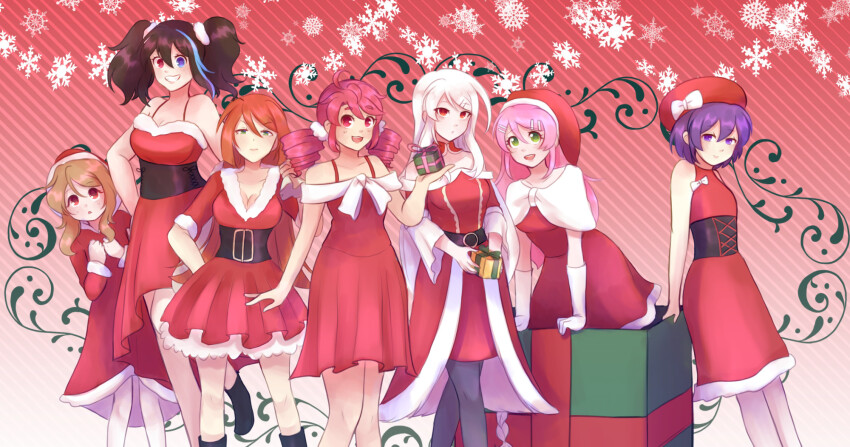1boy 6+girls ahoge bare_shoulders belt beret black_belt black_corset black_footwear black_hair black_thighhighs blonde_hair blue_eyes blue_hair blush bow box breasts capelet chanpotei christmas cleavage closed_mouth collarbone commentary corset diagonal-striped_background dress drill_hair english_commentary everyone fur-trimmed_dress fur-trimmed_headwear fur_trim gift gift_box gloves gradient_background green_eyes hair_ornament hair_scrunchie hairclip hat hat_bow heterochromia hiding hiding_behind_another highres holding holding_gift in_box in_container kasane_teto long_hair looking_at_viewer male_with_breasts medium_breasts momone_momo multicolored_hair multiple_girls namine_ritsu open_mouth orange_hair ouka_miko pink_hair purple_eyes purple_hair red_background red_eyes red_hair red_hat ribbon santa_hat scrunchie short_hair sidelocks small_breasts smile snowflakes streaked_hair striped_background sukone_tei teeth thighhighs trap twin_drills twintails utane_uta utau white_background white_bow white_capelet white_gloves white_hair white_ribbon white_scrunchie yokune_ruko