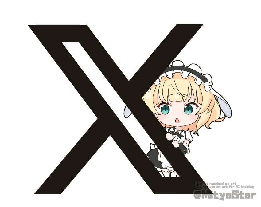 1girl animal_ears apron black_hairband black_skirt blonde_hair blue_eyes chestnut_mouth chibi collared_shirt commentary_request english_text fake_animal_ears fleur_de_lapin_uniform floppy_ears frilled_apron frilled_hairband frills gochuumon_wa_usagi_desu_ka? hairband kirima_syaro mitya open_mouth puffy_short_sleeves puffy_sleeves shirt short_sleeves simple_background skirt solo standing thighhighs twitter_username twitter_x_logo waitress watermark white_apron white_background white_shirt white_thighhighs wrist_cuffs