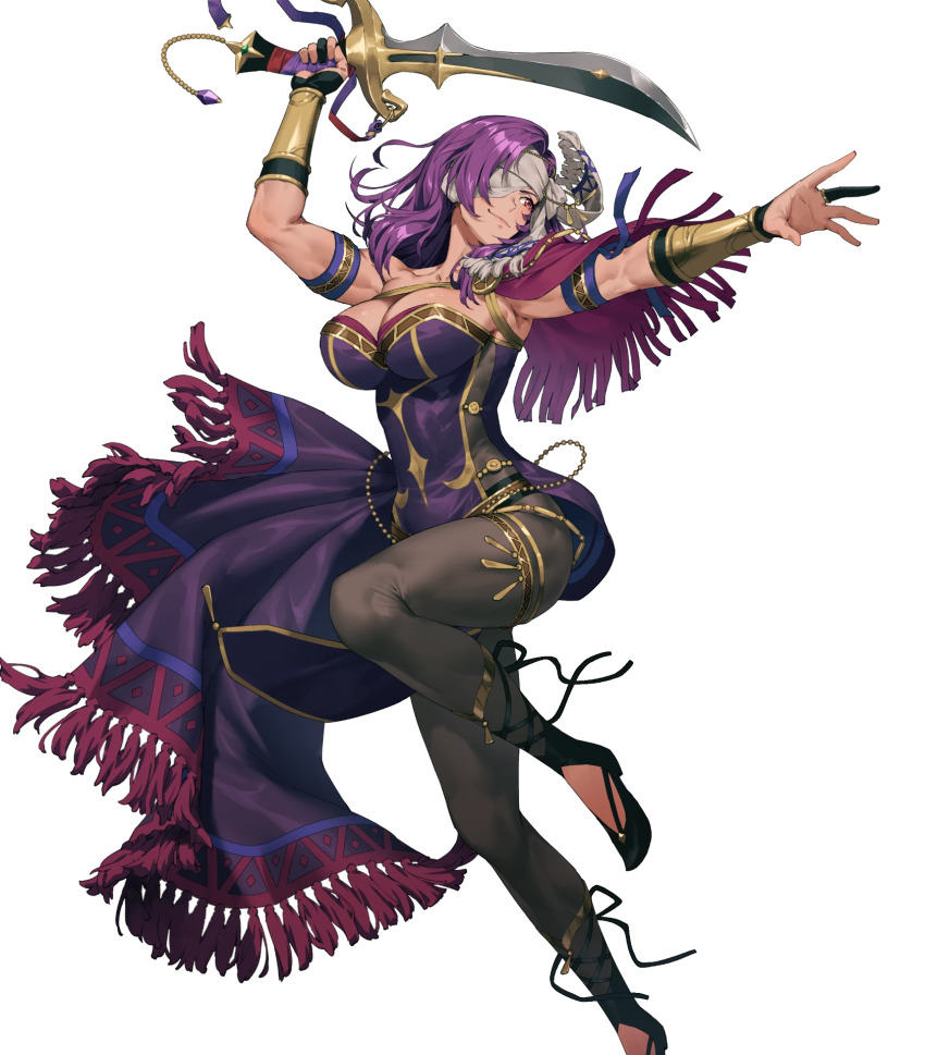 1girl attack breasts chyko cleavage dark-skinned_female dark_skin eyepatch fire_emblem fire_emblem:_mystery_of_the_emblem fire_emblem_heroes headband highres holding holding_weapon jewelry large_breasts long_hair malice_(fire_emblem) malice_(fire_emblem)_(jehanna) malice_(jehanna)_(fire_emblem) nintendo non-web_source official_alternate_costume official_art pants pantyhose purple_hair solo tight_clothes tight_pants weapon