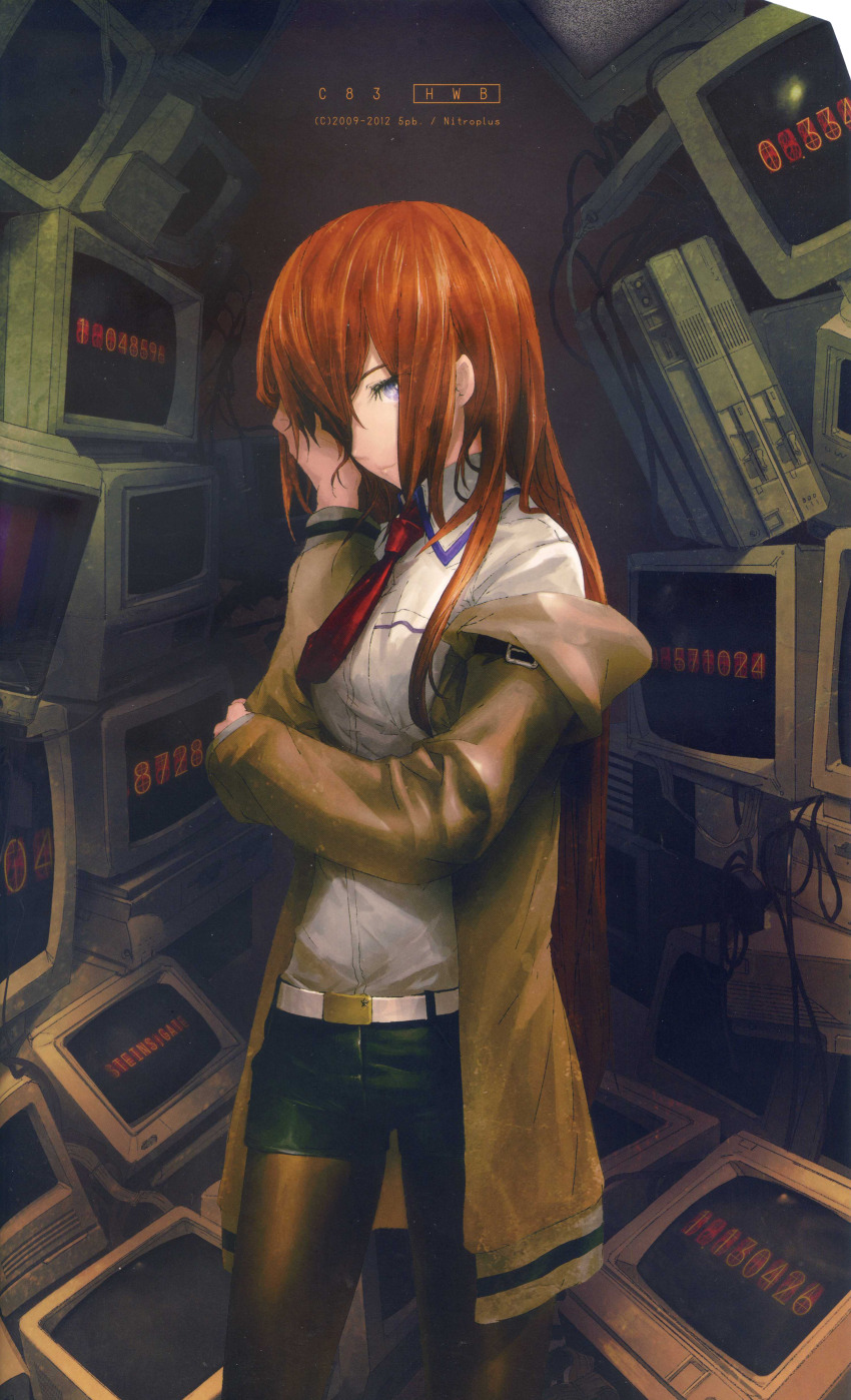 1girl absurdres arm_belt belt black_pantyhose black_shorts breast_pocket breasts brown_hair brown_jacket collared_shirt copyright_name crt hair_between_eyes hair_over_one_eye hair_over_shoulder hand_in_own_hair hand_over_eye highres huke jacket jacket_partially_removed leather_belt looking_at_viewer makise_kurisu monitor necktie non-web_source official_art pantyhose pocket purple_eyes purple_trim red_necktie ringed_eyes shiny_lips shirt shorts small_breasts smile solo square_pupils standing steins;gate thick_thighs thighs white_belt white_shirt