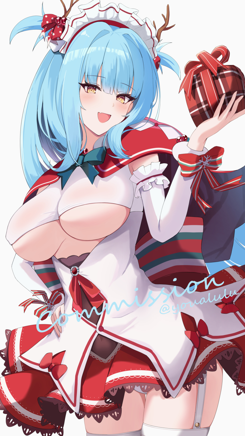 :d absurdres azur_lane blue_hair blush bow breasts capelet clothing_cutout commentary_request covered_erect_nipples covered_navel detached_sleeves dress fang frilled_dress frills garter_straps gift hair_bow hand_on_own_hip hand_up highres holding holding_gift leaning_forward leaning_to_the_side long_hair maid_headdress medium_breasts neptune_(azur_lane) neptune_(princess_of_the_reindeers)_(azur_lane) no_bra open_mouth panties pantyshot polka_dot polka_dot_bow red_bow red_capelet smile thighhighs uaru underboob underboob_cutout underwear upskirt very_long_hair white_dress white_panties yellow_eyes