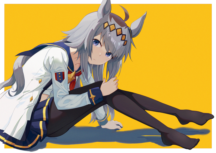 1girl absurdres animal_ears black_pantyhose blue_collar blue_eyes blue_skirt closed_mouth collar grey_hair highres horse_ears horse_girl jacket long_hair looking_at_viewer neckerchief no_shoes oguri_cap_(starlight_beat)_(umamusume) oguri_cap_(umamusume) open_clothes open_jacket pantyhose pleated_skirt red_neckerchief shirt skirt solo umamusume user_fcsy8847 white_jacket white_shirt