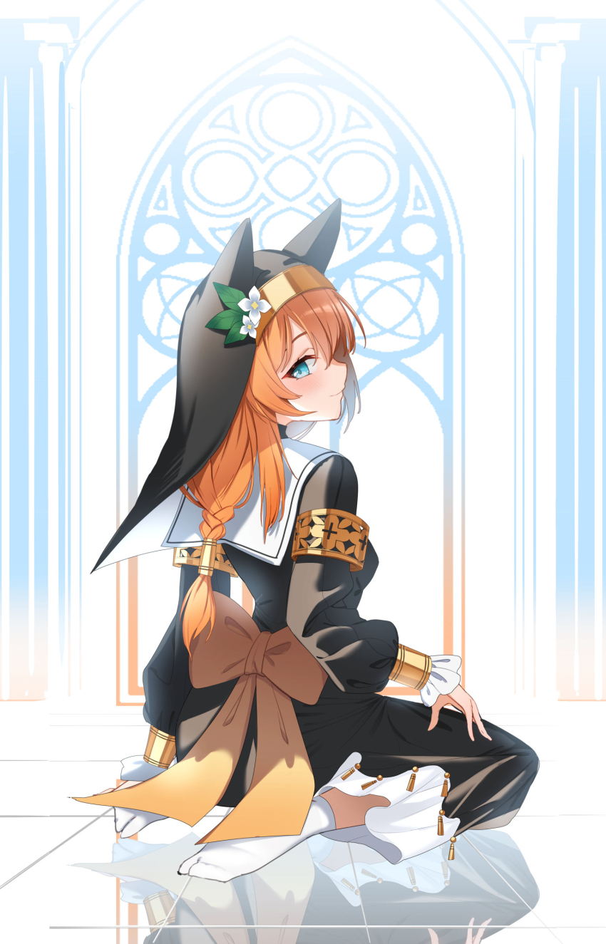 1girl absurdres alphaart animal_ear_headwear animal_ears black_dress black_veil blue_archive blue_eyes blush braid braided_ponytail cat_ears closed_mouth coif dress fake_animal_ears flower flower_hat from_behind hair_between_eyes halo hat hat_flower highres long_hair long_sleeves looking_at_viewer looking_back mari_(blue_archive) no_shoes nun orange_hair seiza sitting smile socks solo veil white_flower white_socks yellow_halo