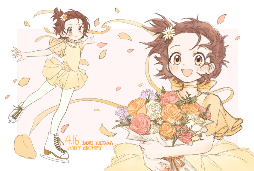 1girl :o border bouquet brown_eyes brown_hair closed_mouth dated dress falling_petals figure_skating figure_skating_dress flower full_body hair_flower hair_ornament happy_birthday highres holding holding_bouquet ice_skates leg_up looking_at_viewer medalist_(manga) multiple_views one_side_up open_mouth orange_flower outside_border outstretched_arms pantyhose petals pink_background pink_flower see-through_clothes see-through_sleeves short_dress short_hair short_sleeves skates spread_arms upper_body white_border white_flower white_pantyhose wildfire_(wildfire981) yellow_dress yuitsuka_inori