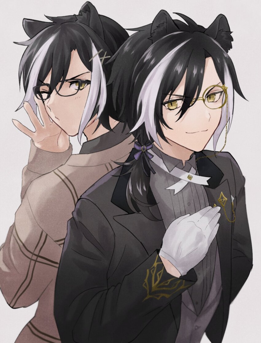 2boys adjusting_eyewear animal_ears back-to-back bespectacled black-framed_eyewear black_hair black_jacket bow brown_cardigan butler cardigan cross_tie dual_persona glasses gloves grey_shirt grey_vest hair_between_eyes hair_bow hair_ornament hairclip hand_on_own_chest highres holostars jackal_boy jackal_ears jacket kageyama_shien lapel_pin long_sleeves looking_at_viewer looking_back low_ponytail mioto_(tsubsq_m) monocle multicolored_hair multiple_boys official_alternate_costume one_eye_closed ponytail puckered_lips purple_bow shirt simple_background sleeves_past_wrists two-tone_hair upper_body vest virtual_youtuber white_background white_gloves white_hair yellow_eyes