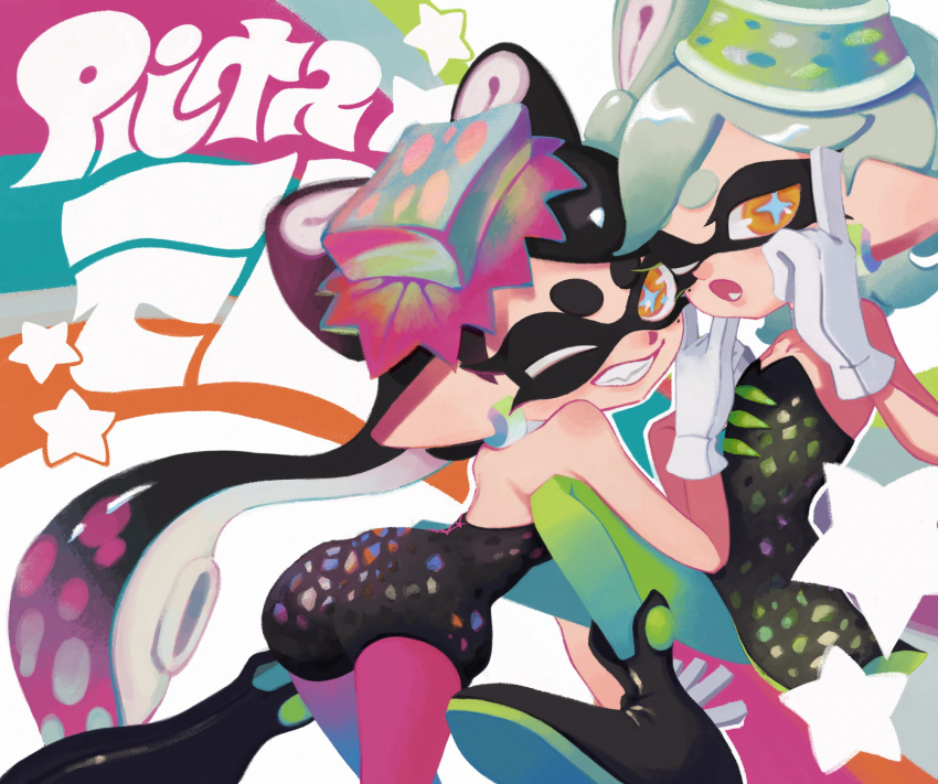 2girls bare_shoulders black_dress black_hair black_jumpsuit blue_pupils bow-shaped_hair callie_(splatoon) callie_(squid_sisters_outfit)_(splatoon) collar commentary_request cross-shaped_pupils detached_collar dress earrings gloves gradient_hair green_pantyhose grey_hair grin highres inkling jewelry jumpsuit ka1_(k4k37) long_hair looking_at_viewer marie_(splatoon) marie_(squid_sisters_outfit)_(splatoon) medium_hair mole mole_under_eye multicolored_hair multiple_girls nintendo one_eye_closed orange_eyes pantyhose pink_hair pink_pantyhose pointy_ears short_jumpsuit smile splatoon_(series) strapless strapless_dress swept_bangs symbol-shaped_pupils tentacle_hair thick_eyebrows two-tone_hair white_collar white_gloves