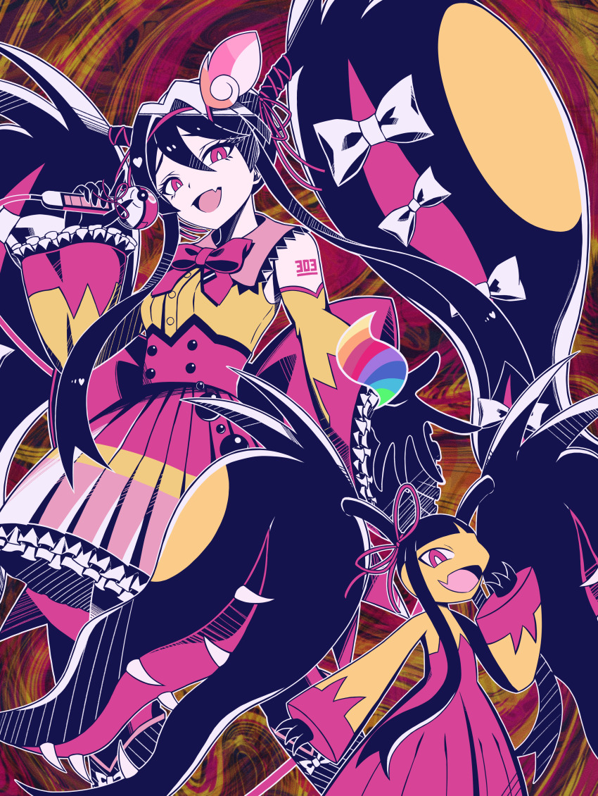 :d absurdres assiette47 bow dress eyelashes fairy_feather_(pokemon) fang gen_3_pokemon hair_intakes hair_ribbon hatsune_miku highres holding long_hair mawile mega_mawile mega_pokemon mellomelloid_(vocaloid) nintendo open_mouth pink_bow pink_eyes pokemon pokemon_(creature) project_voltage ribbon skin_fang smile twintails very_long_hair vocaloid white_bow
