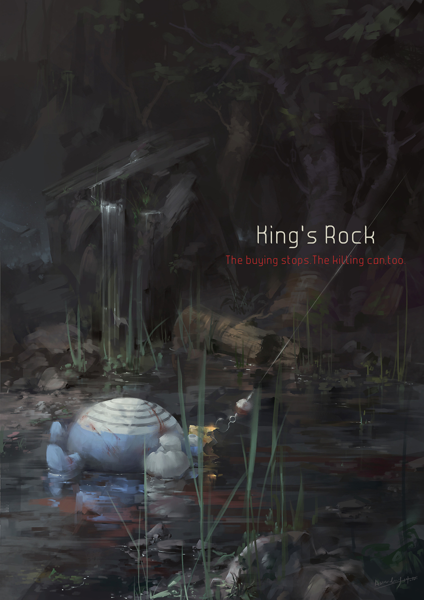 a-shacho bad_id bad_pixiv_id blood crown dark death english_text fish_hook fishing_line forest game_freak gen_1_pokemon glint grass highres hook injury king&#039;s_rock log lying nature nintendo no_humans on_back pokemon pokemon_(creature) poliwhirl pond realistic rock shore text_focus trunk water waterfall