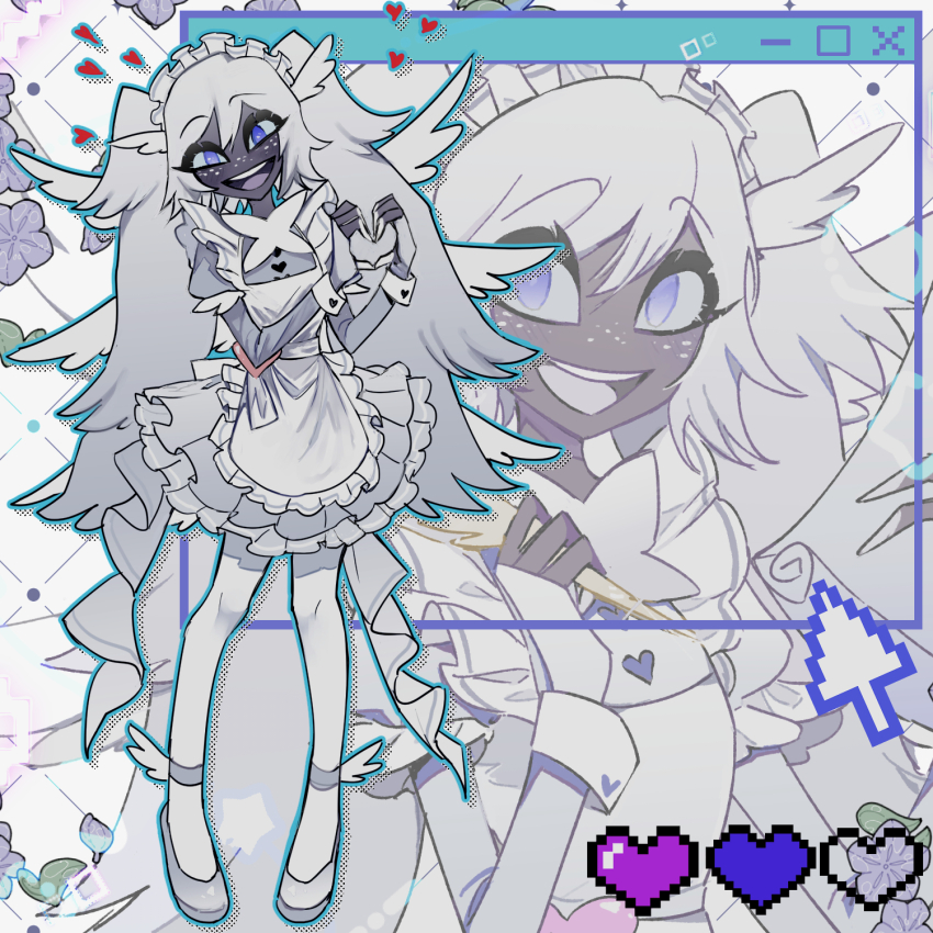 angel angel_wings apron blue_eyes blue_outline commentary cursor cute_fs2 dress emily_(hazbin_hotel) freckles frilled_dress frills grey_dress grey_shoes hands_up hazbin_hotel heart heart_hands hellaverse highres holding long_hair maid maid_apron maid_headdress multiple_wings outline shoes smile symbol-only_commentary teeth thighhighs twintails upper_teeth_only white_hair white_thighhighs window_(computing) wings