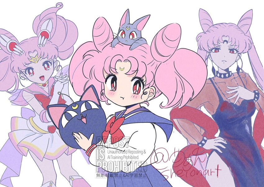 bishoujo_senshi_sailor_moon black_lady_(sailor_moon) chibi_usa cone_hair_bun crescent crescent_facial_mark facial_mark hair_bun juuban_elementary_school_uniform pink_sailor_collar sailor_chibi_moon sailor_collar sailor_senshi sailor_senshi_uniform sheyona super_sailor_chibi_moon