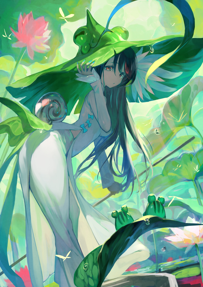 1girl animal black_hair blue_bow blue_nails boat bow breasts bug day feet_out_of_frame flower frog frog_hat from_side green_headwear green_theme hand_on_headwear hand_up hat highres holding lack leaf leaning_forward long_hair long_sleeves looking_at_animal looking_to_the_side lotus multicolored_hair nail_polish nature original outdoors pants pelvic_curtain pink_flower pole rain red_eyes red_hair snail streaked_hair sweat tongue tongue_out very_long_hair ao_dai water_drop watercraft white_pants witch_hat