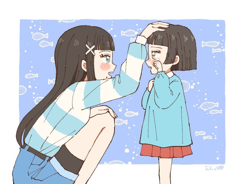 2girls artist_name bike_shorts bike_shorts_under_shorts black_hair blue_background blue_shirt blue_shorts blunt_bangs blunt_ends blush bob_cut border character_request commentary_request eeppa eye_contact feet_out_of_frame fish_background hair_ornament hand_on_another&#039;s_head hand_on_own_knee headpat kindergarten_uniform kneeling kurosawa_dia long_sleeves looking_at_another love_live! love_live!_sunshine!! mole mole_under_mouth multiple_girls open_mouth outside_border profile puffy_long_sleeves puffy_sleeves red_skirt shirt shorts signature skirt striped_clothes striped_shirt tears teeth upper_teeth_only white_border white_shirt x_hair_ornament yellow_eyes