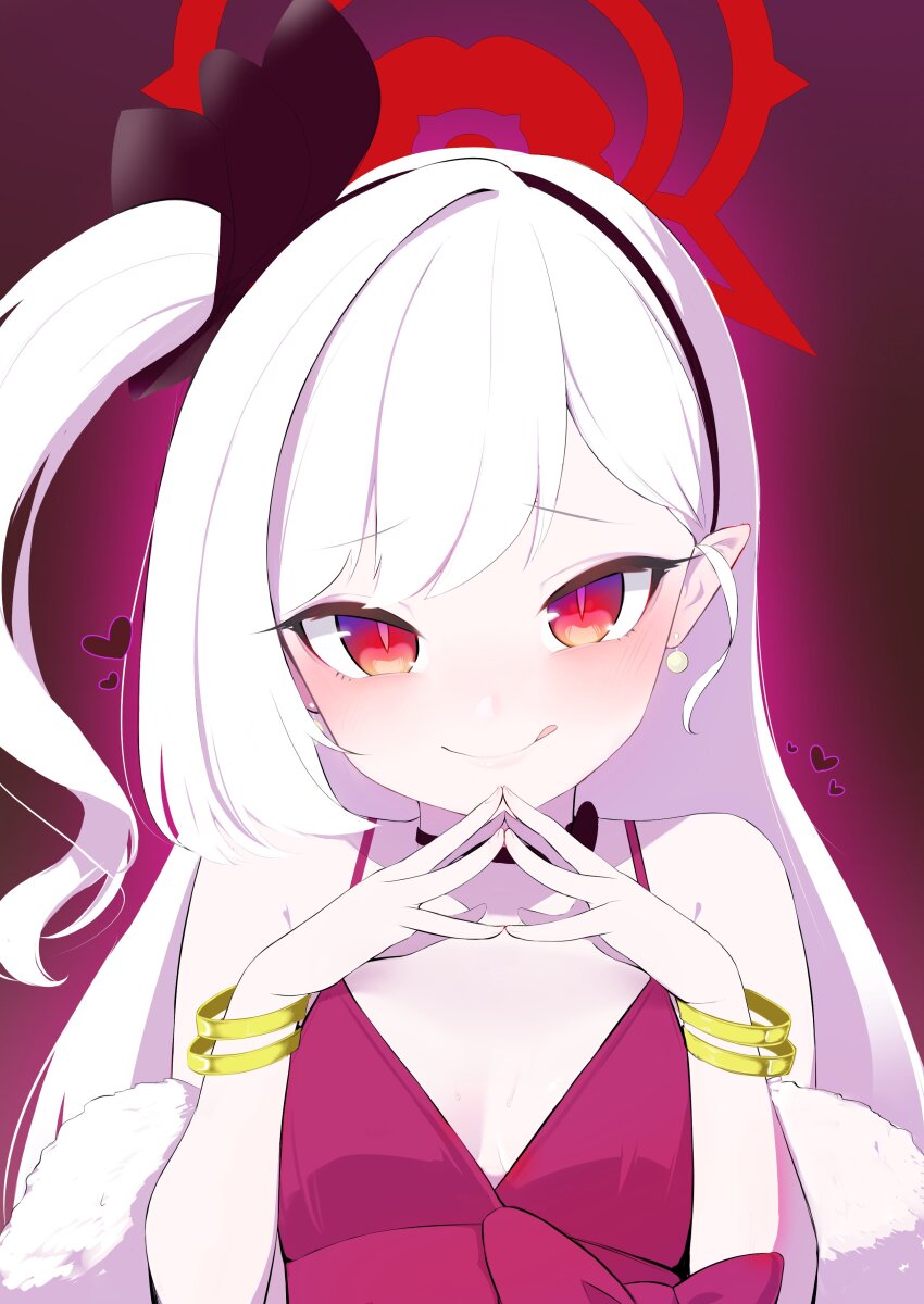 1girl :q absurdres bare_shoulders black_hairband blue_archive bracelet closed_mouth dress earrings erogomatinpo fur_shawl hairband halo heart highres jewelry long_hair looking_at_viewer mutsuki_(blue_archive) mutsuki_(dress)_(blue_archive) official_alternate_costume one_side_up pointy_ears red_dress red_eyes red_halo shawl sleeveless sleeveless_dress smile solo steepled_fingers tongue tongue_out upper_body white_hair