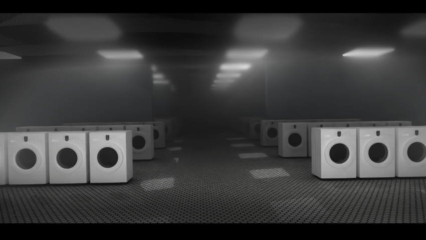 blurry blurry_background ceiling_light haze highres indoors laundromat no_humans non-web_source reflective_floor scenery seraphim_slum tile_floor tiles washing_machine