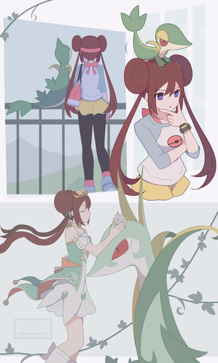 1girl 343rone absurdres bare_shoulders blue_eyes brown_hair collarbone double_bun dress gen_5_pokemon hair_bun highres long_hair nintendo official_alternate_costume open_mouth pokemon pokemon_(creature) pokemon_bw2 rosa_(champion)_(pokemon) rosa_(pokemon) serperior servine snivy strapless strapless_dress tiara twintails