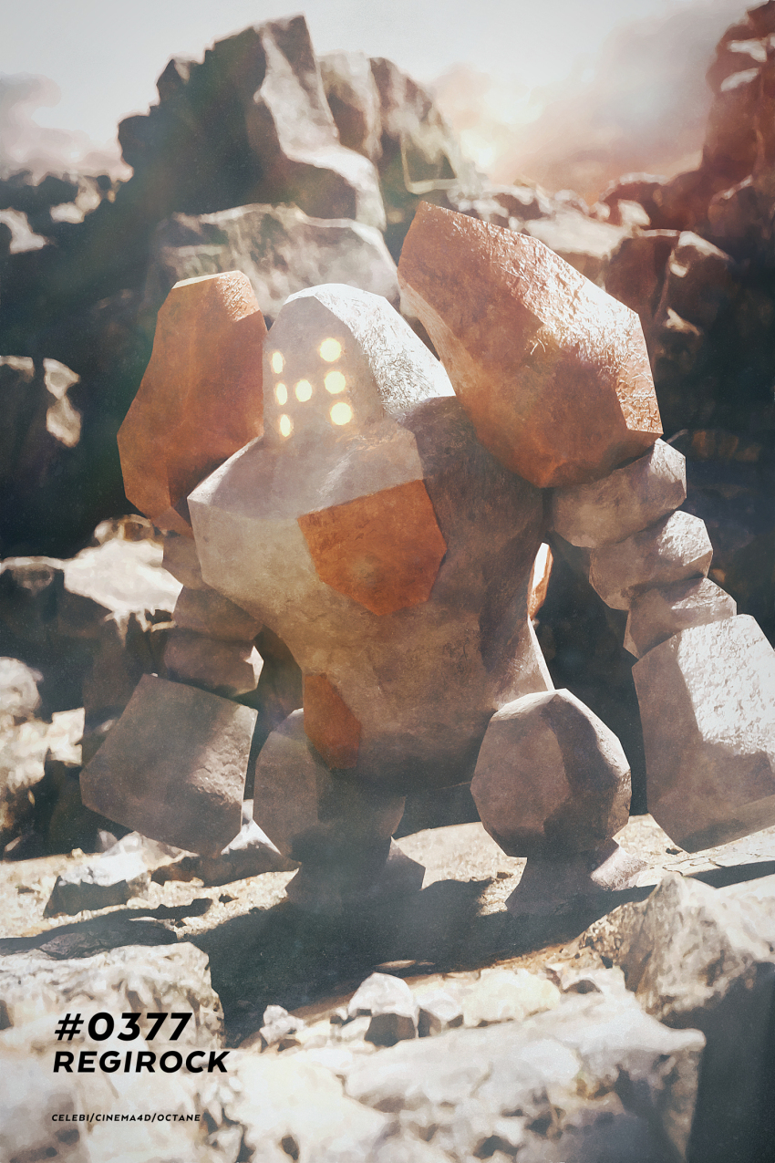 3d artist_name celebi350300687 character_name cinema_4d_(medium) creatures_(company) full_body game_freak gen_3_pokemon glowing highres legendary_pokemon nintendo no_humans outdoors pokedex_number pokemon pokemon_(creature) pokemon_focus realistic regirock rock solo