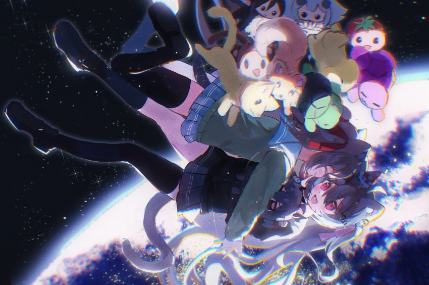 2girls animal animal_ear_fluff animal_ears annytf black_cardigan black_shoes black_skirt black_socks black_thighhighs blue_sailor_collar blue_skirt broken_heart_hair_ornament brown_hair camila_(vtuber) cardigan cat cat_ears cerber_(vtuber) chromatic_aberration closed_eyes closed_mouth commentary commission earth_(planet) evil_neuro-sama fang filian_(vtuber) floating fox full_body fumo_(doll) hair_between_eyes hair_ornament hair_ribbon hat highres hug indie_virtual_youtuber koko_d._nuts layna_lazar loafers long_hair looking_at_another minikomew monkey multiple_girls neuro-sama open_mouth party_hat pinkpink939 planet pleated_skirt red_eyes red_ribbon ribbon sailor_collar shoes single_sock single_thighhigh skin_fang skirt skull_hair_ornament sky slice_of_toma smile socks space star_(sky) starry_sky thighhighs tomato turtle two_side_up vedal987 virtual_youtuber yellow_cardigan