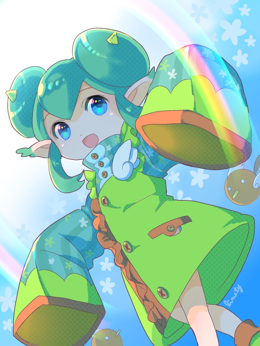 1girl :d bird blue_background blue_eyes brooch buttons coat donut_hair_bun dutch_angle ear_tufts feet_out_of_frame floral_background from_below gradient_background green_coat green_hair hair_bun halftone hands_up happy high_collar highres jewelry lidelle_(puyopuyo) liruty long_sleeves looking_to_the_side open_mouth orange_trim pocket pointy_ears puyopuyo puyopuyo_20th_anniversary puyopuyo_quest rainbow short_hair sidelocks sideways_glance signature sleeves_past_wrists smile solo sunlight turtleneck v-bangs white_background wing_brooch