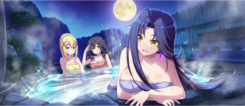 3girls arm_under_breasts armpit_crease arue_(konosuba) asymmetrical_sidelocks bent_over black_hair blonde_hair blue_eyes braid breasts brown_hair cleavage collarbone darkness_(konosuba) drill_hair drill_sidelocks earrings full_moon game_cg hair_between_eyes hair_ornament hand_on_own_chest hand_over_eye highres jewelry kono_subarashii_sekai_ni_shukufuku_wo! konosuba!_fantastic_days large_breasts light_blush light_smile long_hair looking_at_another looking_back melissa_(konosuba) moon multiple_girls naked_towel night night_sky official_alternate_costume official_art onsen open_mouth outdoors parted_bangs partially_submerged ponytail ponytail_with_braided_base red_eyes same-sex_bathing shared_bathing sidelocks single_earring sky sparkle star_(sky) starry_sky steam towel very_long_hair water waves wet wooden_wall x_hair_ornament yellow_eyes