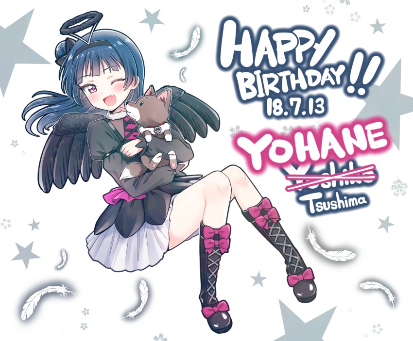 1girl anko_(love_live!) birthday black_dress black_footwear black_wings blue_hair character_name dated deadnooodles dog dress english_text fake_halo fang feathers hair_bun halo happy_birthday highres holding long_hair long_sleeves love_live! love_live!_school_idol_festival love_live!_sunshine!! one_eye_closed pink_eyes puppy side_bun single_hair_bun single_side_bun star_(symbol) tongue tongue_out tsushima_yoshiko white_feathers wings