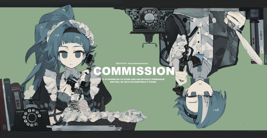 1boy 1girl absurdres apron black_jacket blue_eyes blue_hair english_text green_background hairband highres holding holding_knife jacket knife long_hair long_sleeves looking_at_viewer maid maid_headdress monota02 multicolored_hair original ponytail shirt short_hair streaked_hair upside-down
