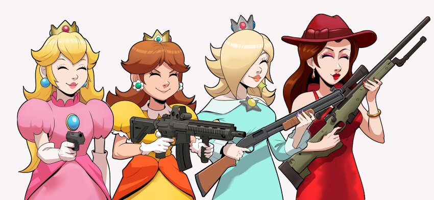 4girls absurdres bipod blonde_hair brown_hair closed_eyes crown donkey_kong_(series) dress earrings finger_on_trigger francisco_mon gun handgun hat highres holding holding_weapon jewelry lipstick makeup mario_(series) multiple_girls nintendo one_eye_covered pauline_(mario) princess_daisy princess_peach pump-action_shotgun rail_(weapon) reflex_sight rifle rosalina scope shotgun smile sniper_rifle super_mario_bros._1 super_mario_galaxy super_mario_land super_mario_odyssey weapon weapon_request