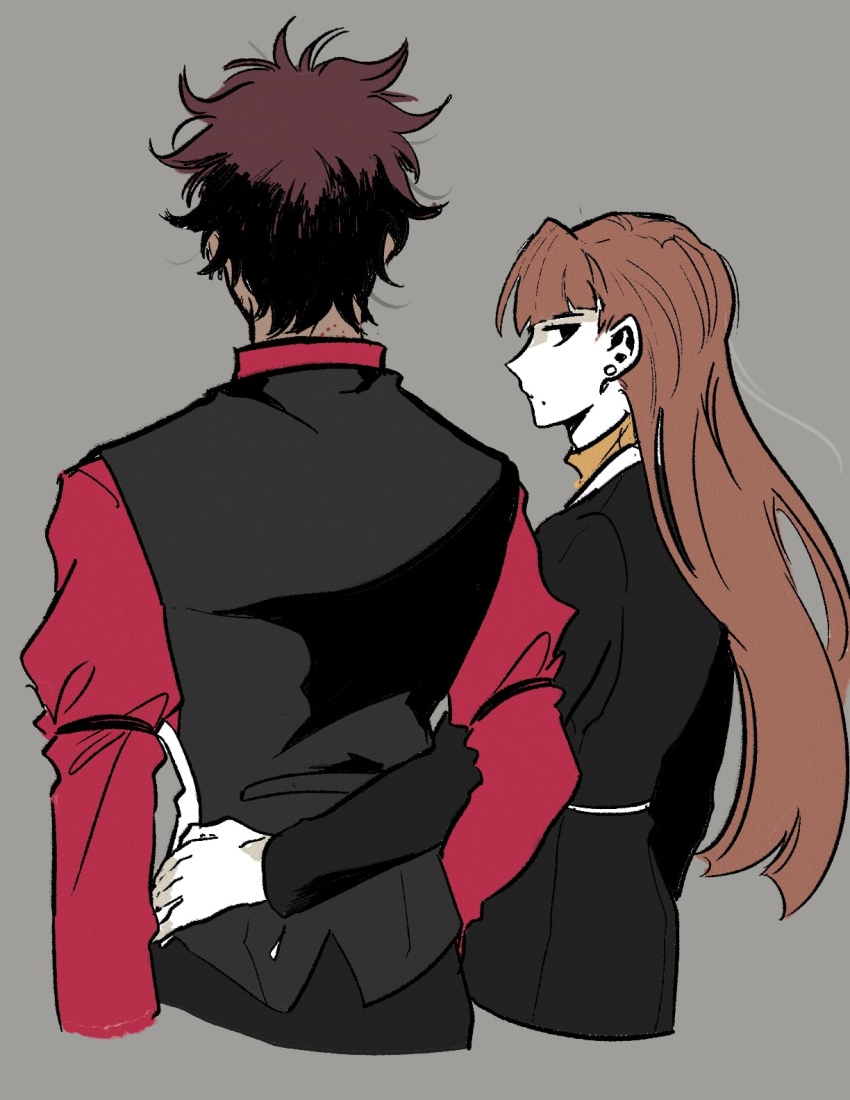1boy 1girl ace_attorney bad_id bad_pixiv_id bite_mark black_suit black_vest brown_hair catuoon diego_armando formal_clothes grey_background hand_on_another&#039;s_waist highres long_hair mia_fey phoenix_wright:_ace_attorney_-_trials_and_tribulations red_shirt scarf shirt simple_background suit upper_body vest yellow_scarf
