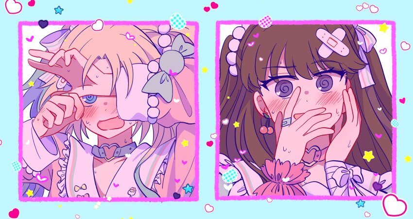 2girls :d @_@ aqua_dress arms_up bandaged_arm bandages bandaid bandaid_hair_ornament bandaid_on_finger bandaid_on_hand blonde_hair blue_choker blue_eyes blue_hair blush border brown_hair choker collarbone commentary covering_one_eye covering_own_eyes dress flustered frilled_sailor_collar frills fujishima_megumi gradient_hair hair_ornament hair_ribbon hakuchu_a_la_mode hand_on_own_cheek hand_on_own_face hands_up heart heart_o-ring heart_ring_choker highres light_blue_hair link!_like!_love_live! long_hair long_sleeves love_live! mira-cra_park! multicolored_hair multiple_girls o-ring o-ring_choker official_alternate_costume open_mouth osawa_rurino parted_bangs pink_dress purple_eyes revision ribbon sailor_collar sailor_dress smile star_(symbol) striped_ribbon sweat twintails two_side_up virtual_youtuber watage_modoki white_border white_ribbon white_sailor_collar
