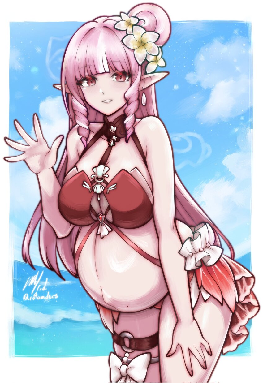 1girl bikini breasts commentary cowboy_shot day drill_hair drill_sidelocks earrings english_commentary flower grin hair_bun hair_flower hair_ornament hand_on_own_thigh highres jewelry large_breasts leaning_forward long_hair looking_at_viewer mole mole_on_stomach navel o-ring o-ring_thigh_strap original outdoors pink_eyes pink_hair pointy_ears pregnant red_bikini rotomdocs sidelocks single_side_bun smile solo swimsuit thigh_strap water waving