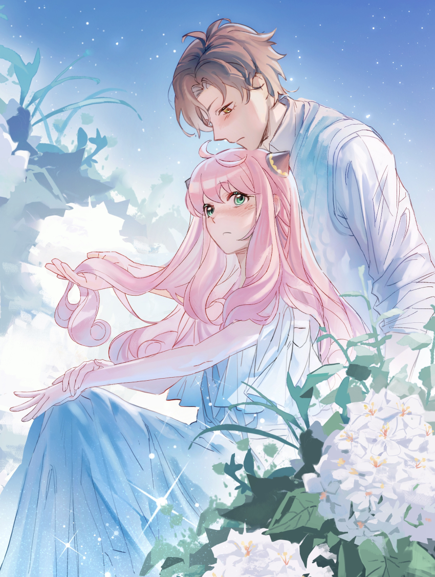 1boy 1girl absurdres aged_up ahoge anya_(spy_x_family) blouse blue_dress blue_sky blue_vest blush brown_eyes brown_hair curly_hair damian_desmond day dress dule_(anhaidule) fake_horns flower from_side frown green_eyes hair_ornament hand_on_own_wrist hetero highres holding_another&#039;s_hair horns knees_up long_hair long_sleeves looking_afar looking_at_another looking_down looking_to_the_side outstretched_arms pink_hair shirt short_hair sitting sky sleeveless sleeveless_dress sparkle spy_x_family standing star_(sky) vest white_flower white_shirt