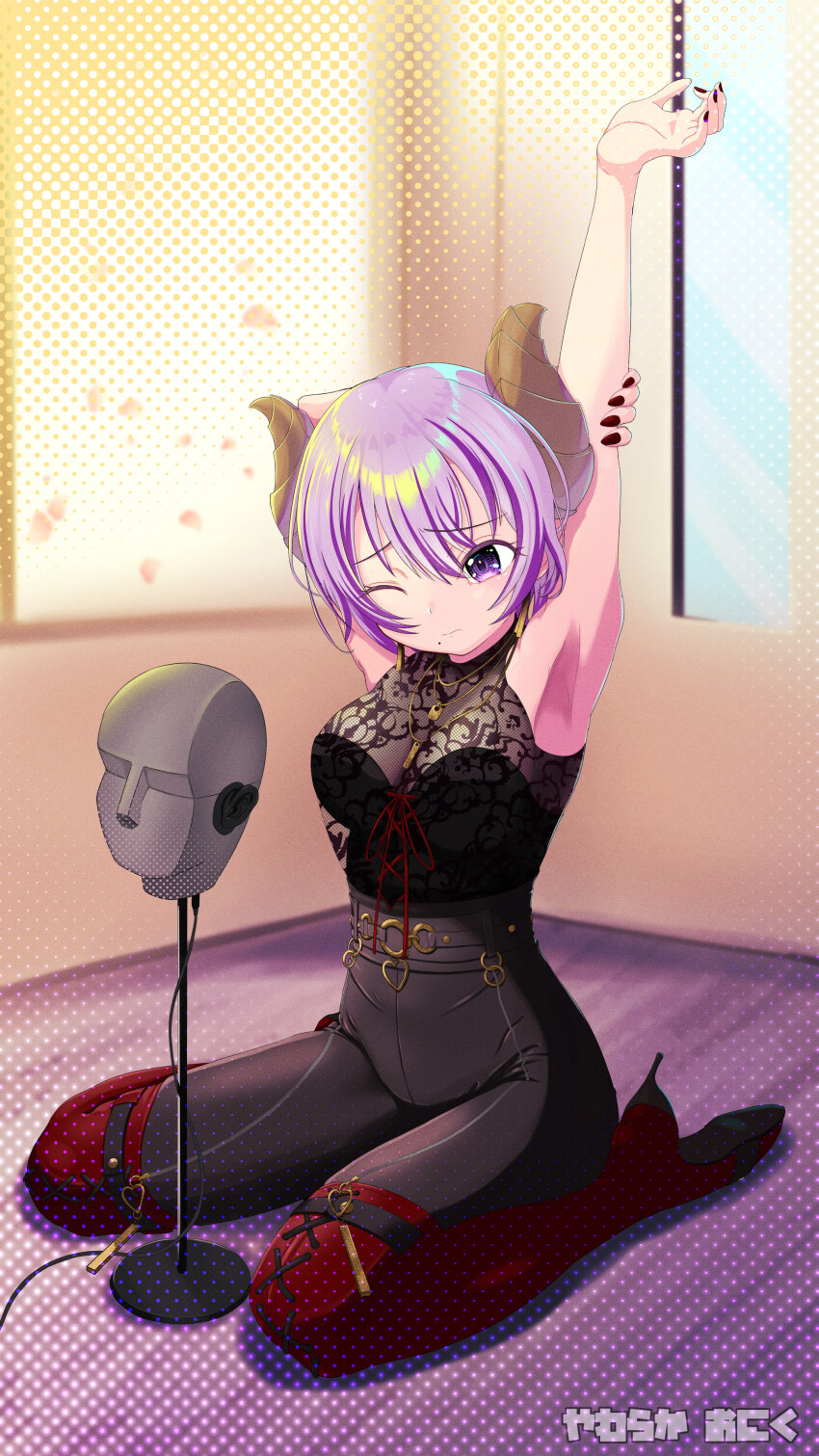 1girl absurdres armpits arms_up binaural_microphone black_nails black_pants blush boots breasts closed_mouth commentary_request demon_girl demon_horns fingernails full_body high_heel_boots high_heels highres horns indoors lace_shirt large_breasts microphone mole mole_under_mouth nanashi_inc. neumann_ku_100 no_tail one_eye_closed pants purple_eyes purple_hair red_boots red_ribbon ribbon saionji_mary saionji_mary_(10th_costume) shirt short_hair sleeveless sleeveless_shirt solo stretching thigh_boots virtual_youtuber yawaraka_oniku_hatto
