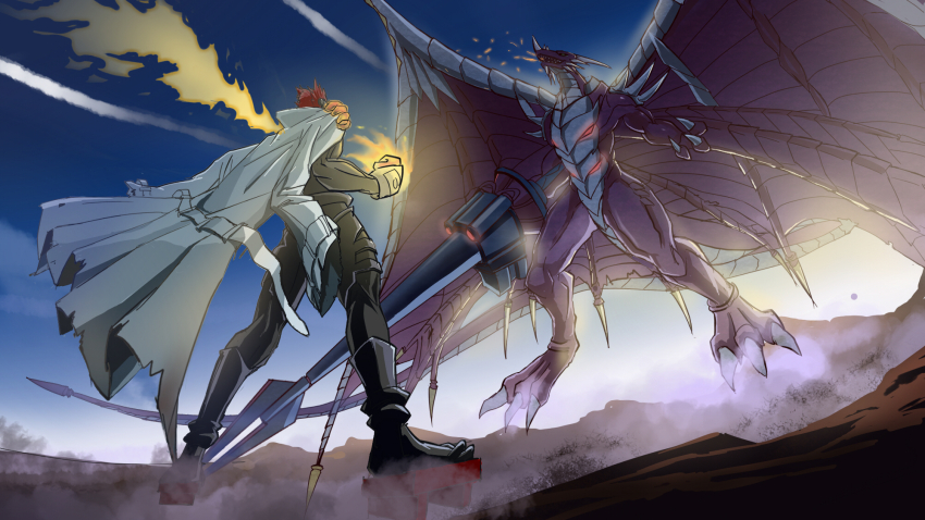 digimon digimon_(creature) dragon examon gankoomon highres lance polearm royal_knights size_difference weapon wings