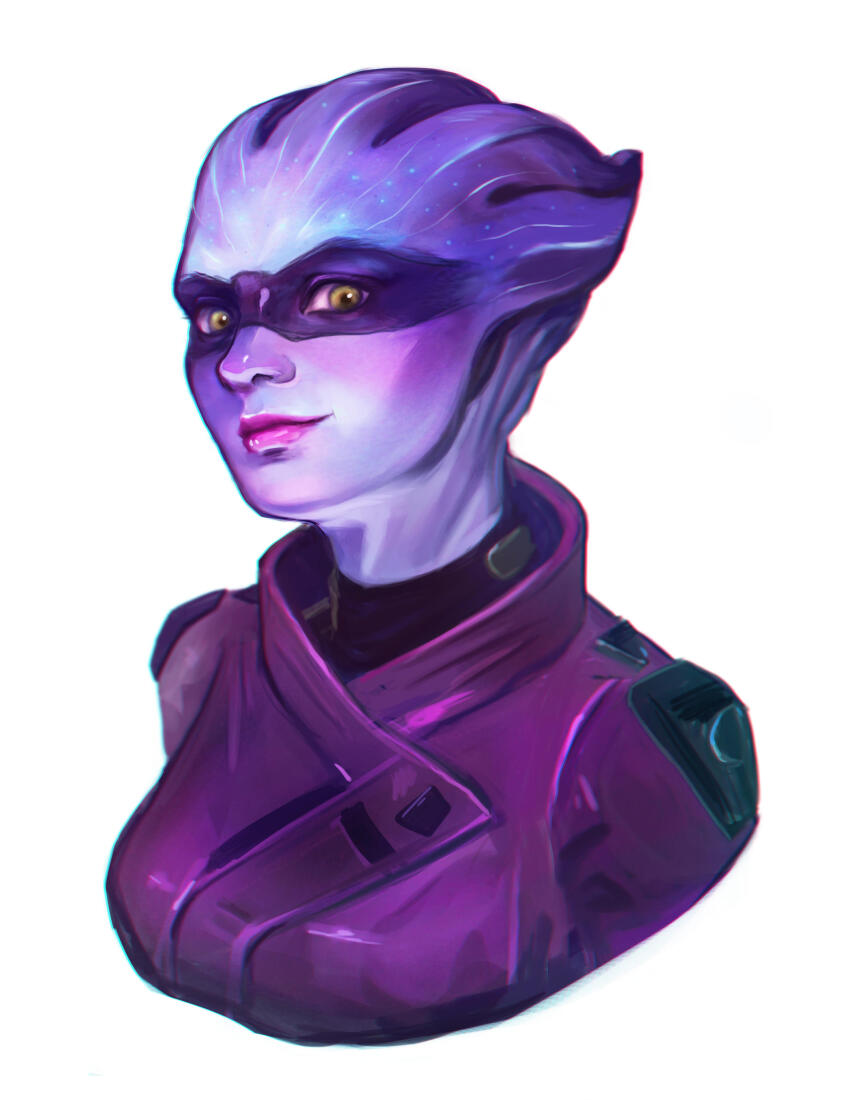 1girl absurdres alien asari_(mass_effect) colored_skin green_eyes highres jacket jzxl looking_at_viewer mass_effect:_andromeda mass_effect_(series) pelessaria_b&#039;sayle pink_lips purple_jacket purple_skin simple_background solo upper_body white_background
