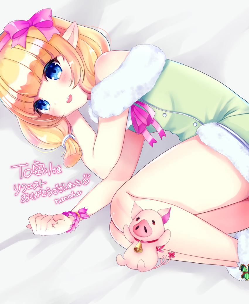 1girl absurdres blonde_hair blue_eyes boots dress fam_valhoef fur_boots fur_dress green_dress hairband highres iris_mysteria! lying nanoha_wani neck_ribbon off-shoulder_dress off_shoulder official_alternate_costume on_bed on_side open_mouth pig pink_hairband pink_ribbon pointy_ears ribbon ribbon-trimmed_hairband wristband