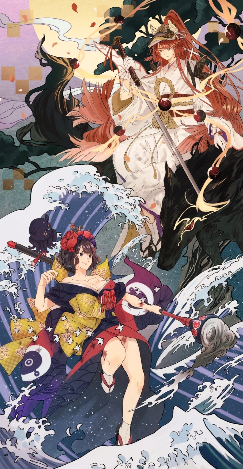 2girls animal animal_ears asa_tuki_893 bare_shoulders black_kimono breasts brown_hair calligraphy_brush cleavage commentary_request creature fate/grand_order fate_(series) fine_art_parody floating flower foot_up full_body full_moon gloves hagoromo hair_flower hair_ornament high_ponytail highres holding holding_calligraphy_brush holding_paintbrush holding_sword holding_weapon japanese_clothes kanagawa_okinami_ura kanzashi katana katsushika_hokusai_(fate) kimono kyokutei_bakin_(fate) kyokutei_bakin_(third_ascension)_(fate) large_breasts long_sleeves looking_at_another moon multicolored_kimono multiple_girls obi octopus okobo oversized_animal paintbrush parody platform_sandals ponytail purple_eyes red_hair red_kimono riding riding_animal rope sandals sash sea_spray shawl shimenawa short_hair short_sleeves sitting sleeves_rolled_up smile sword tabi tree v-shaped_eyebrows visor_cap waves wavy_hair weapon white_gloves white_kimono wide_sleeves wolf yellow_eyes yellow_sash