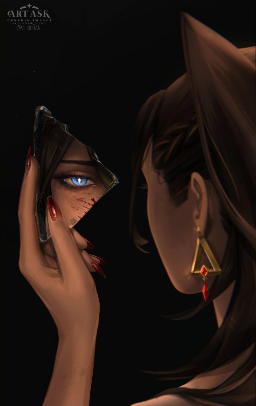 1girl arm_up artist_name black_background black_hair blood blood_on_face blue_eyes bright_pupils commentary dark-skinned_female dark_skin dehya_(genshin_impact) earrings english_commentary eyelashes from_behind genshin_impact hair_between_eyes hair_ears highres holding holding_mirror jewelry long_hair looking_at_mirror mirror portrait red_nails single_earring slit_pupils solo vilkichan vkontakte_username white_pupils