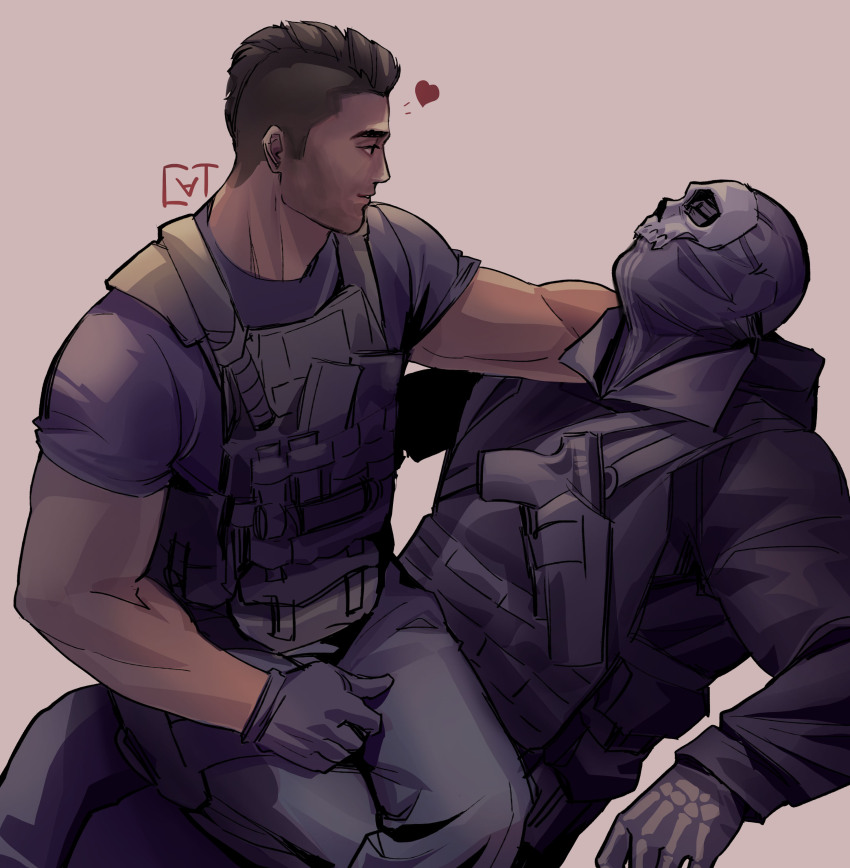 2boys absurdres bara black_gloves black_hair black_pants black_shirt bulletproof_vest call_of_duty call_of_duty:_modern_warfare_2 ghost_(modern_warfare_2) gloves gun heart highres holstered looking_at_another male_focus mask multiple_boys muscular muscular_male pants shirt short_hair sitting sitting_on_person skull_mask soap_(modern_warfare_2) sundaycat3 weapon yaoi