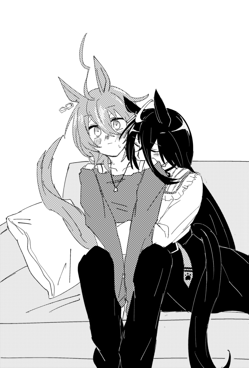 2girls absurdres agnes_tachyon_(umamusume) ahoge animal_ears arms_around_waist arms_between_legs bad_id bad_pixiv_id blush bra_strap breasts chemical_structure closed_eyes closed_mouth couch crossed_bangs ear_tag earrings expressive_hair frilled_shirt frills gachitamago hair_between_eyes highres horse_ears horse_girl horse_tail hug jewelry kiss kissing_neck long_bangs long_hair long_hair_between_eyes long_sleeves manhattan_cafe_(umamusume) medium_hair multicolored_hair multiple_girls neck neck_ribbon off-shoulder_shirt off_shoulder on_couch pants ribbon shirt single_earring sitting skirt sweatdrop tail umamusume very_long_hair yuri
