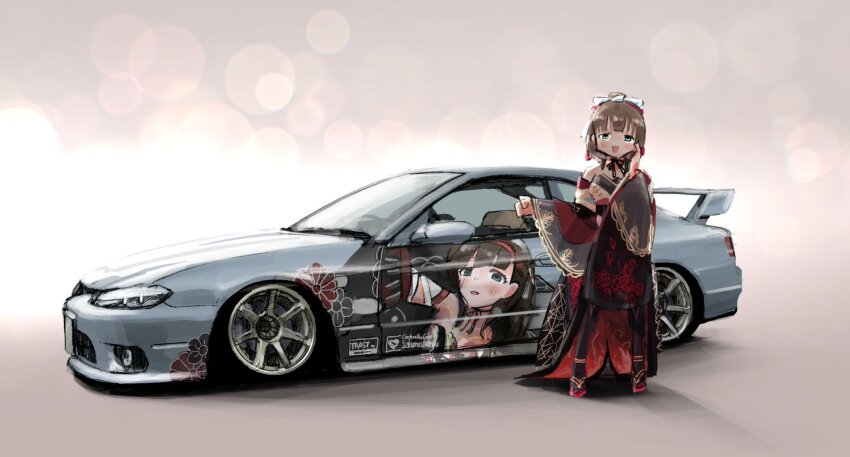 1girl black_kimono black_pantyhose blue_eyes brown_hair car grey_car hand_on_own_cheek hand_on_own_face highres hikageno idolmaster idolmaster_cinderella_girls itasha japanese_clothes kimono lens_flare looking_at_viewer motor_vehicle nissan nissan_silvia nissan_silvia_s15 open_mouth pantyhose sakuma_mayu sandals sleeves_past_wrists smile solo spoiler_(automobile) sports_car vehicle_focus