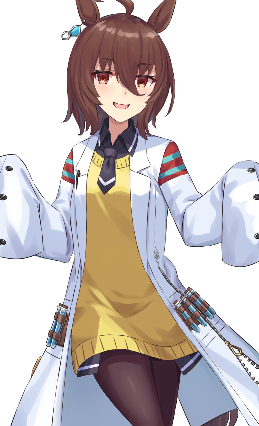 1girl absurdres agnes_tachyon_(umamusume) ahoge animal_ears bandolier belt black_pantyhose black_shirt blush brown_hair career_inada coat collarbone commentary cork corked_bottle cowboy_shot hair_between_eyes highres horse_ears horse_girl horse_tail lab_coat long_sleeves messy_hair open_clothes open_coat open_mouth pantyhose red_eyes shirt short_hair simple_background sleeves_past_fingers sleeves_past_wrists smile solo sweater_vest tail test_tube umamusume very_long_sleeves white_background white_coat yellow_sweater_vest