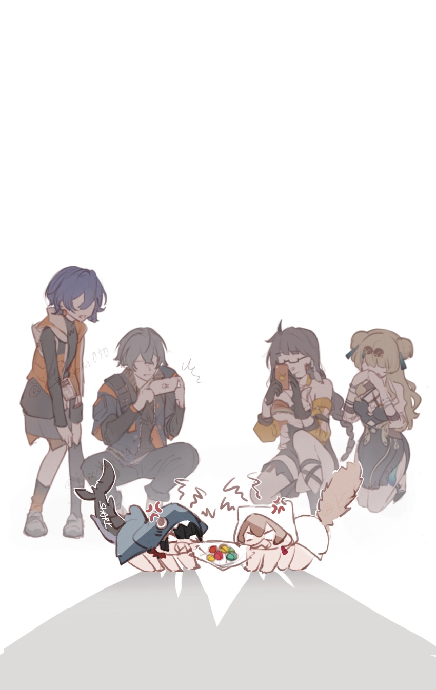 1boy 5girls absurdres all_fours anger_vein angry animal_ears animal_hood asymmetrical_legwear belle_(zenless_zone_zero) black_hair black_pants black_socks black_thighhighs blonde_hair blue_hair braid braided_ponytail brown_gloves brown_hair cat_ears cat_tail chinese_clothes earrings ellen_joe entropy_(honkai_impact_3rd) eyewear_on_head faceless faceless_female faceless_male female_dreamseeker_(honkai_impact) fins fish_tail full_body glasses gloves grey_hair highres holding holding_phone honkai_(series) honkai_impact_3rd hood jacket jewelry kmobai010 lantern_(honkai_impact) long_hair long_sleeves looking_at_another mihoyo mismatched_legwear multiple_girls orange_jacket pants phone pince-nez semi-rimless_eyewear shadow shark_girl shark_hood shark_tail sharp_teeth short_hair simple_background socks songque songque_(astralop) tail teeth thighhighs v-shaped_eyebrows white_background white_hood wise_(zenless_zone_zero) zenless_zone_zero