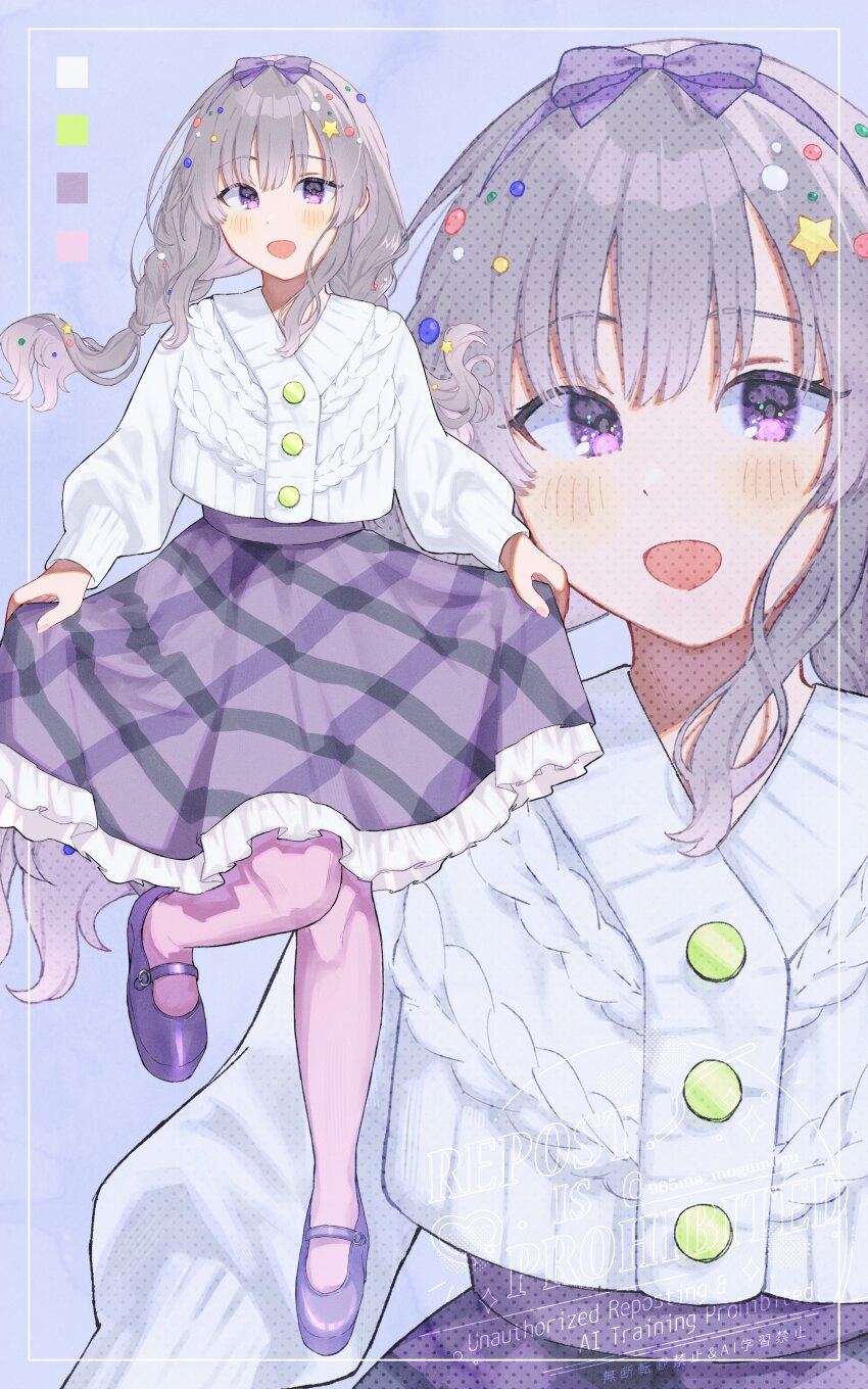 1girl 965ma_mogumogu absurdres blue_background blunt_bangs border bow braid buttons cable_knit cardigan color_guide dot_nose eyelashes foot_up frilled_skirt frills grey_hair hair_ribbon hairband highres idolmaster idolmaster_shiny_colors light_blush long_hair long_sleeves looking_at_viewer low_twin_braids mary_janes open_mouth pantyhose pink_pantyhose purple_bow purple_eyes purple_hairband purple_shorts purple_skirt ribbon shoes shorts skirt skirt_hold smile solo twin_braids white_cardigan yukoku_kiriko zoom_layer