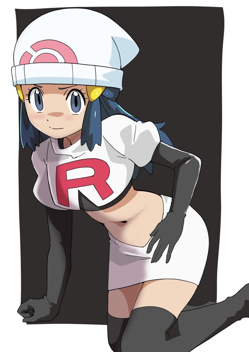 1girl alternate_costume arms_at_sides beanie black_boots black_eyes black_gloves black_hair black_shirt blush boots clenched_hand cosplay crop_top cropped_jacket dawn_(pokemon) elbow_gloves embarrassed eyelashes gloves hainchu hair_ornament hairclip hat highres jacket jessie_(pokemon) jessie_(pokemon)_(cosplay) leaning_forward leg_up logo long_hair midriff miniskirt navel nintendo poke_ball_print pokemon pokemon_(anime) pokemon_dppt_(anime) print_headwear puffy_sleeves shirt shy sidelocks single_letter skirt solo standing standing_on_one_leg team_rocket team_rocket_uniform thigh_boots white_hat white_jacket white_shirt white_skirt