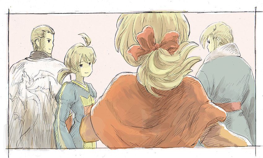 1girl 3boys ahoge alma_beoulve bad_id bad_pixiv_id beard black_border blonde_hair border bow brother_and_sister brothers cape close-up dycedarg_beoulve emblem facial_hair final_fantasy final_fantasy_tactics hair_bow long_hair looking_back multiple_boys pink_background ponytail ramza_beoulve red_bow sayonaraby short_hair siblings simple_background smile upper_body zalbaag_beoulve