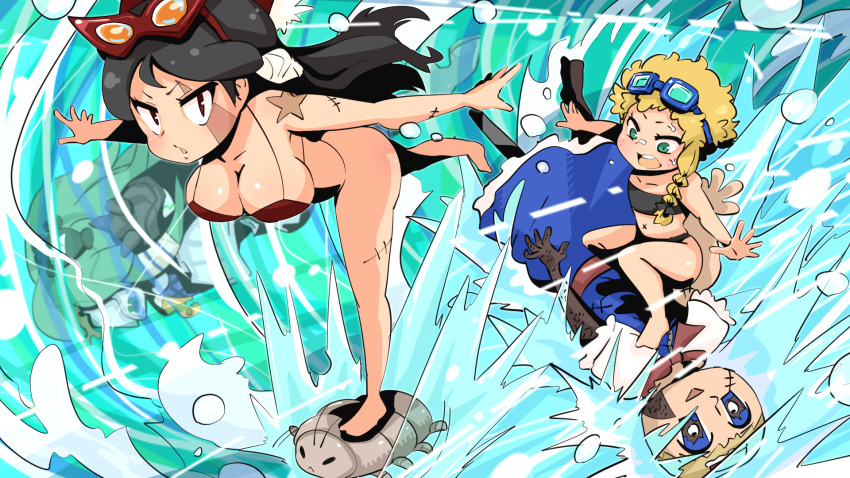 4girls alice_margatroid alternate_costume android bandaid bandaid_on_face bandaid_on_nose big_roach_(cookie) bikini black_bow black_hair blonde_hair blue_dress blush bow braid breasts bug burn_scar cleavage cockroach commentary_request cookie_(touhou) dress faceless faceless_female fallout flat_chest freckles full_body ghoul_(fallout) goggles goggles_on_head gram_9 green_eyes green_hair hair_bow hakurei_reimu highres insect kirisame_marisa kochiya_sanae large_breasts lemi_(cookie) long_hair looking_at_viewer looking_down multiple_girls open_mouth red_bikini scar short_hair side_braid single_braid socha_(cookie) stitches surfing swimming swimsuit touhou water waves yuki_haruka zakuro_ishi