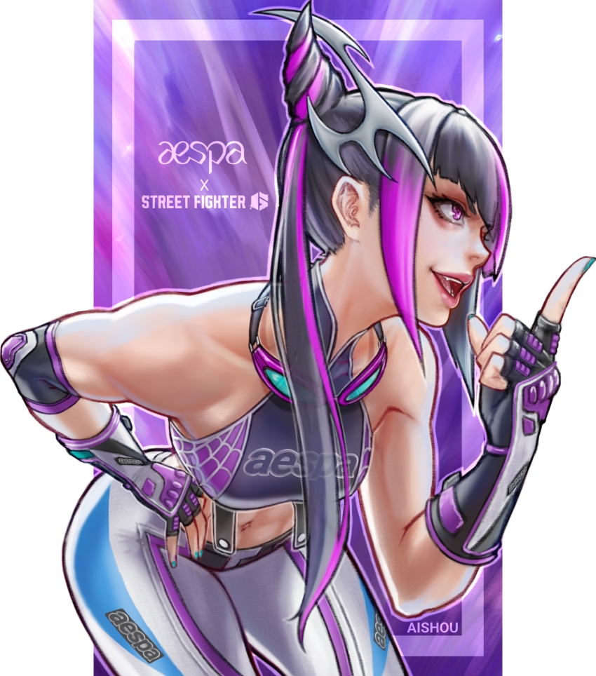 1girl absurdres aespa ai_shou artist_name blue_nails commentary copyright_name english_commentary fingerless_gloves gloves hair_horns han_juri highres index_finger_raised letterboxed mixed-language_commentary navel solo spider_web_print street_fighter street_fighter_6