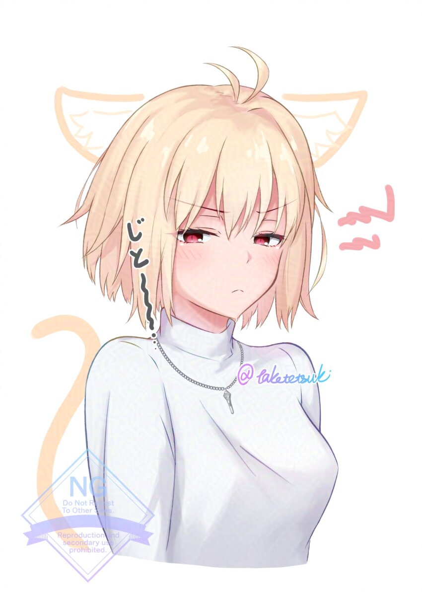 ahoge animal_ears arcueid_brunestud blonde_hair blush cat_ears cat_tail collared_sweater frown highres jewelry necklace red_eyes short_hair solo sound_effects sweater tail taketsuki_217 tsukihime type-moon white_sweater