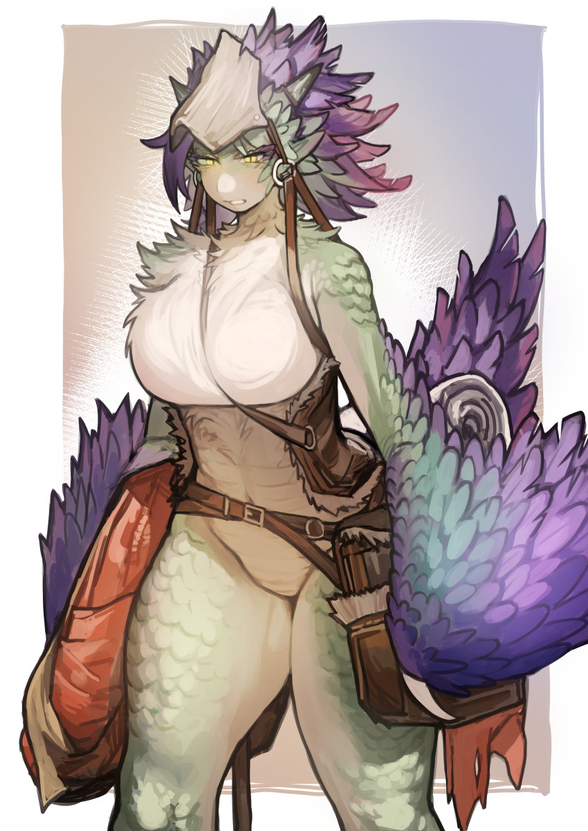 1girl absurdres angry bag black_horns blonde_hair border breasts carrying_bag chest_hair chinese_commentary colored_skin commentary_request cropped_legs feather_hair glaring green_hair green_scales highres horns large_breasts miao_jiangyou monster_girl monster_hunter_(series) monster_hunter_wilds multicolored_background multicolored_hair multicolored_skin navel nude o-ring open_mouth personification purple_hair saddle satchel seikret_(monster_hunter) sleeping_bag slit_pupils solo stomach tail thick_thighs thighs two-tone_hair two-tone_skin white_border wings yellow_eyes yellow_scales yellow_skin